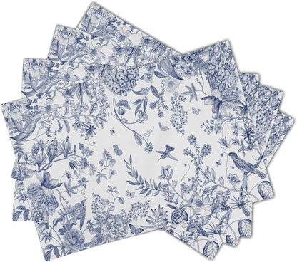 MiaoSi Blue White Hydrangea Floral Placemats for Dining Table Bird Flower Branches Decorative Heat-Resistant Washable Linen Vintage Farmhouse Table Mats 12x18 Inch for Home Kitchen Indoor Outdoor Set of 4